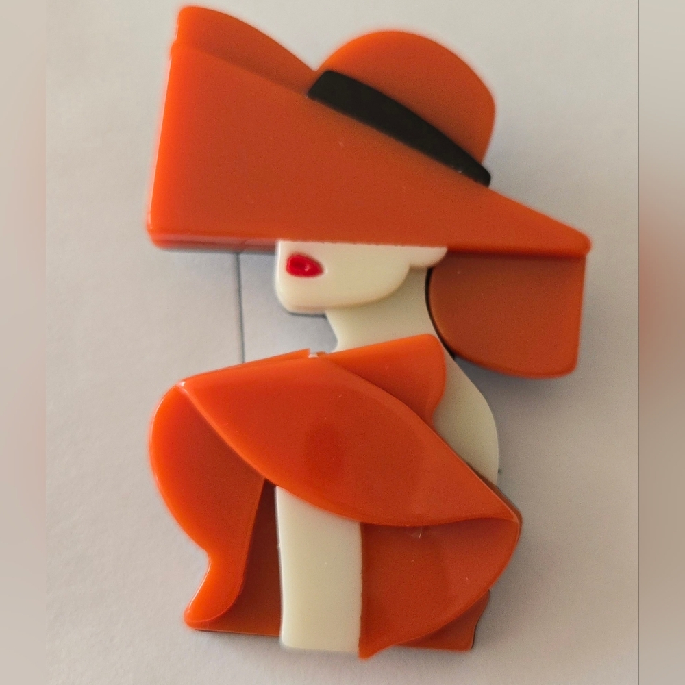 Acrylic Brooch 'Lady In Red' 2"Qx2.5"H